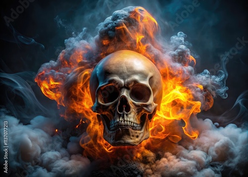 Mortality's essence: Fiery skull smoke, a dark culinary photography masterpiece.