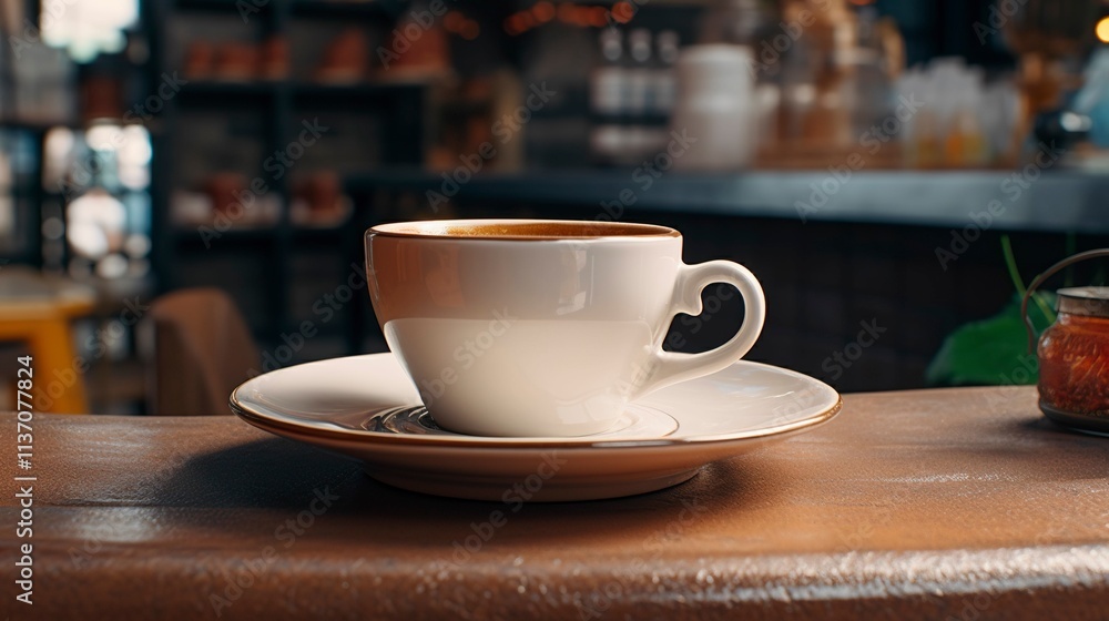 A photo of a coffee cup and saucer arranged on a coffee A photo of a coffee cup and saucer arranged on a coffee