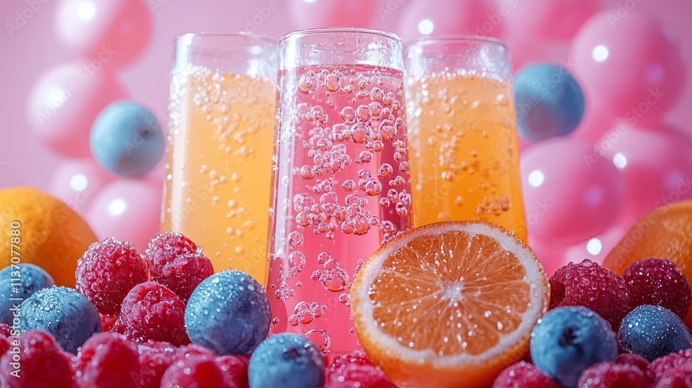 Refreshing citrus and berry drinks in vibrant pink composition Refreshing citrus and berry drinks in vibrant pink composition