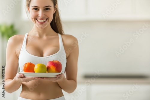 A vibrant and healthconscious woman is proudly showcasing a variety of nutritious and colorful fruits that contribute to a balanced diet, all within the inviting atmosphere of her modern kitchen photo