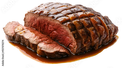 Classic German Sauerbraten with tender marinated beef, caramelized vegetables, and rich gravy, isolated on a white background photo