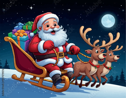 Cartoon Santa in Sleigh Full of Gifts Pulled by Reindeer on a Starry Winter Night