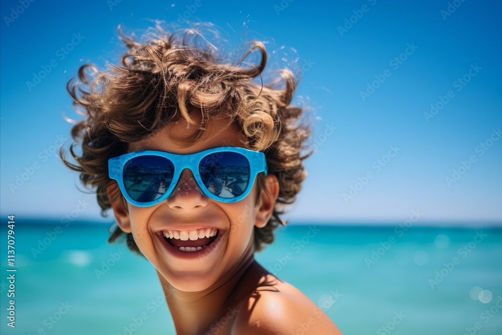 Portrait of happy boy in sunglasses on tropical beach. Summer vacation. Portrait of happy boy in sunglasses on tropical beach. Summer vacation.
