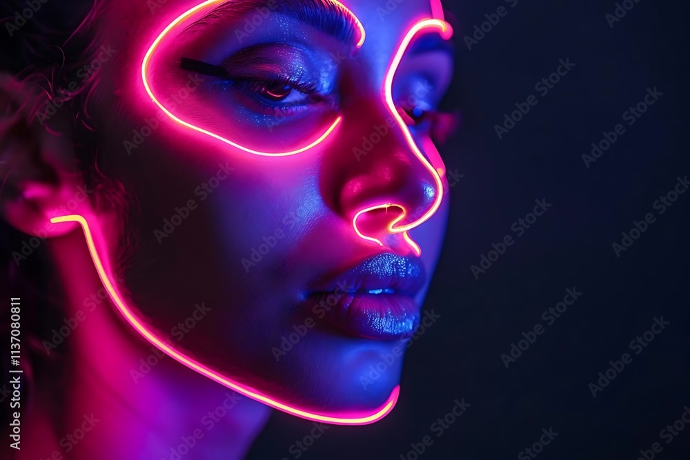 Close-up portrait of a woman's face illuminated by neon pink lines, against a dark background. Close-up portrait of a woman's face illuminated by neon pink lines, against a dark background.