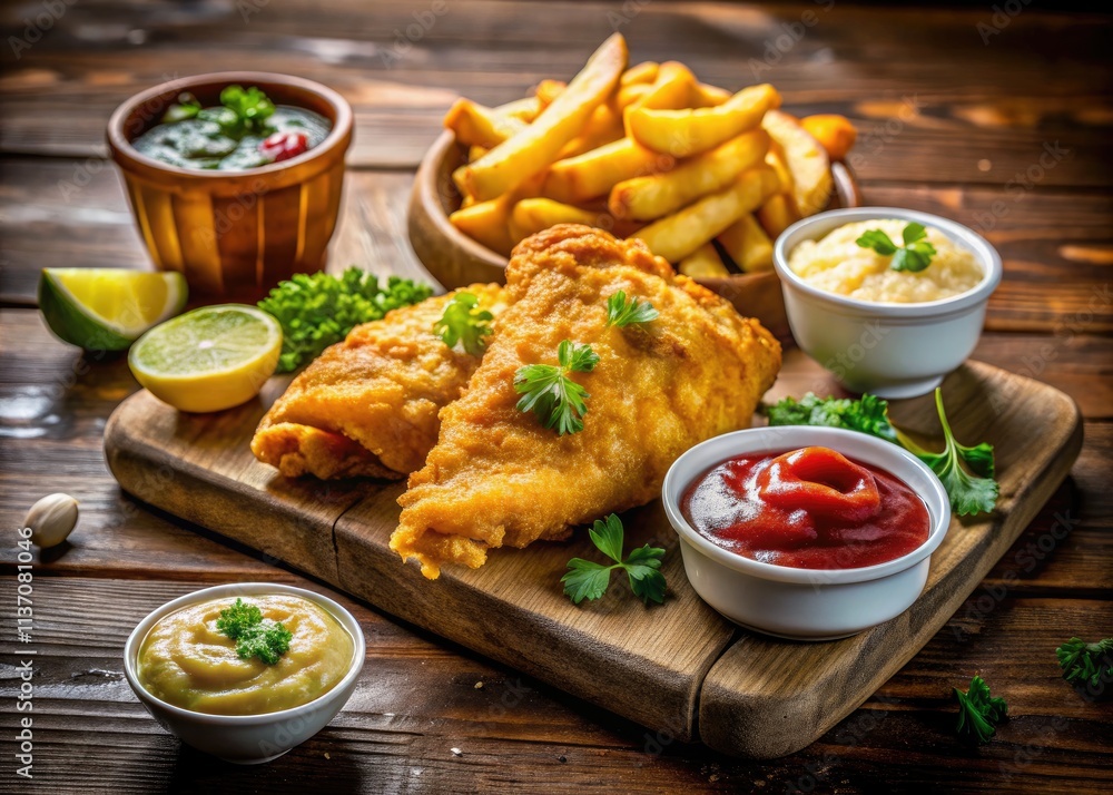 Savory fish and chips: a crispy, golden feast with tasty dips. Savory fish and chips: a crispy, golden feast with tasty dips.