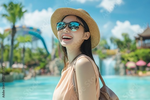 Young woman wearing sunglasses and straw hat enjoying summer vacation at chimelong water park photo