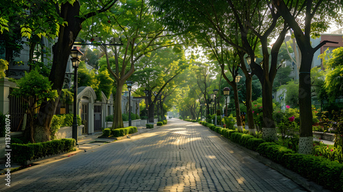 Serene Urban Avenue with Tree Canopy and Cobblestone Road Lined with Historic Architecture