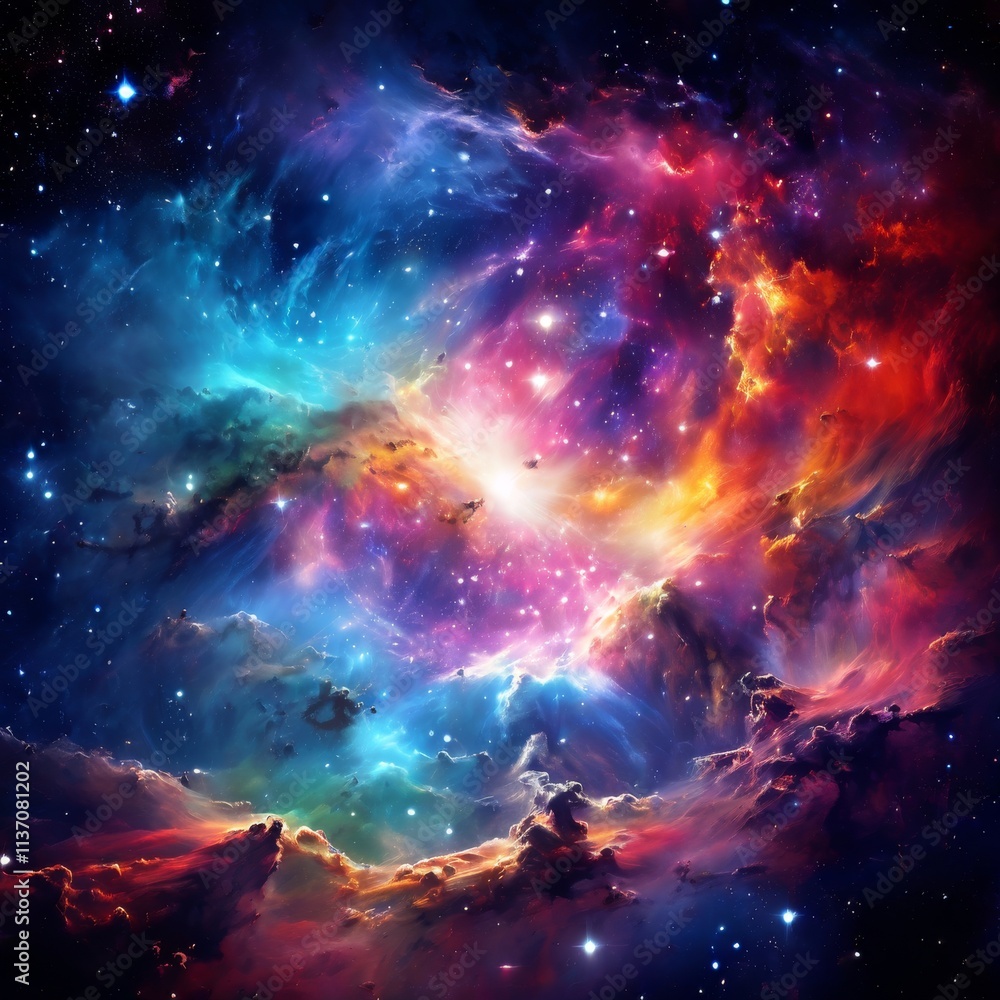 Fototapeta premium A mesmerizing view of a cosmic nebula, showcasing swirling clouds of gas and dust illuminated by brilliant stars. The vibrant colors blend together, creating a captivating sense of mystery and space