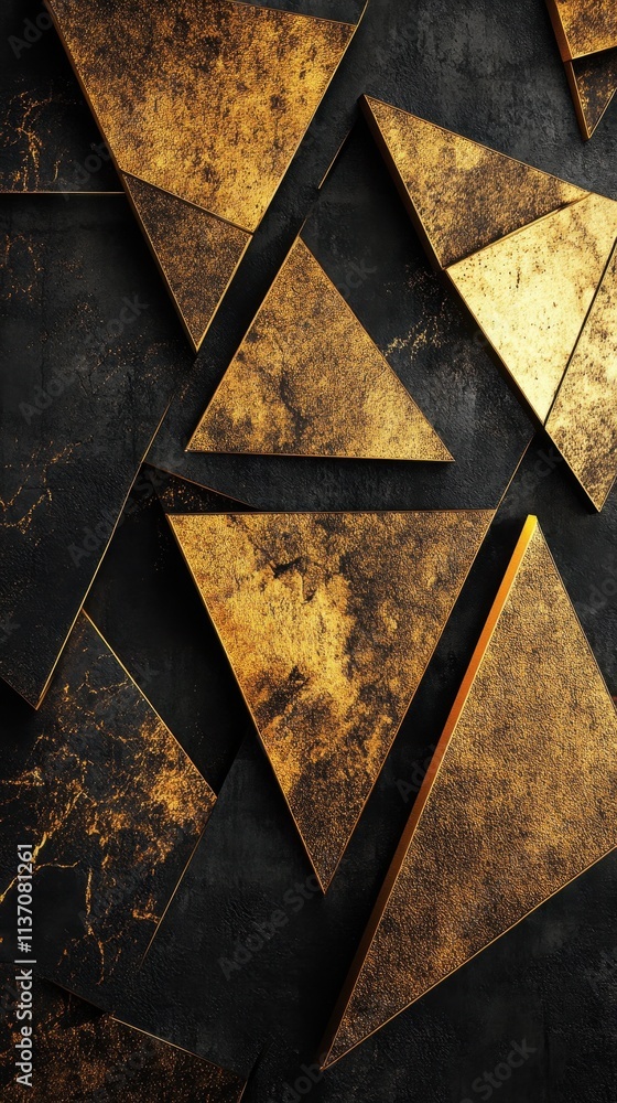 Abstract composition of gold triangular shapes on dark textured background with modern geometric design Abstract composition of gold triangular shapes on dark textured background with modern geometric design
