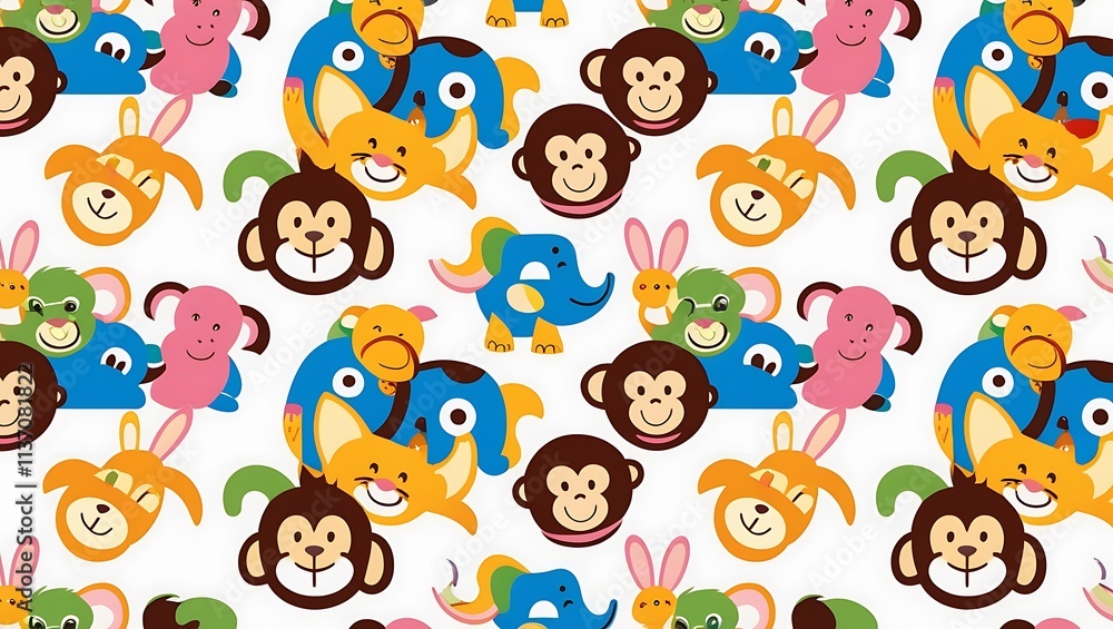 Colorful Cartoon Animals Happy Faces Pattern Design Colorful Cartoon Animals Happy Faces Pattern Design