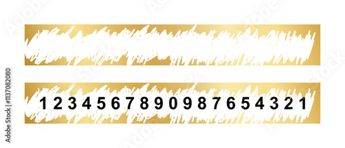 Gold scratchcard surfaces in rectangle shapes with scraped textures and numbers underneath. Raffle, lottery, sale coupon or promo code card templates. Vector illustration.