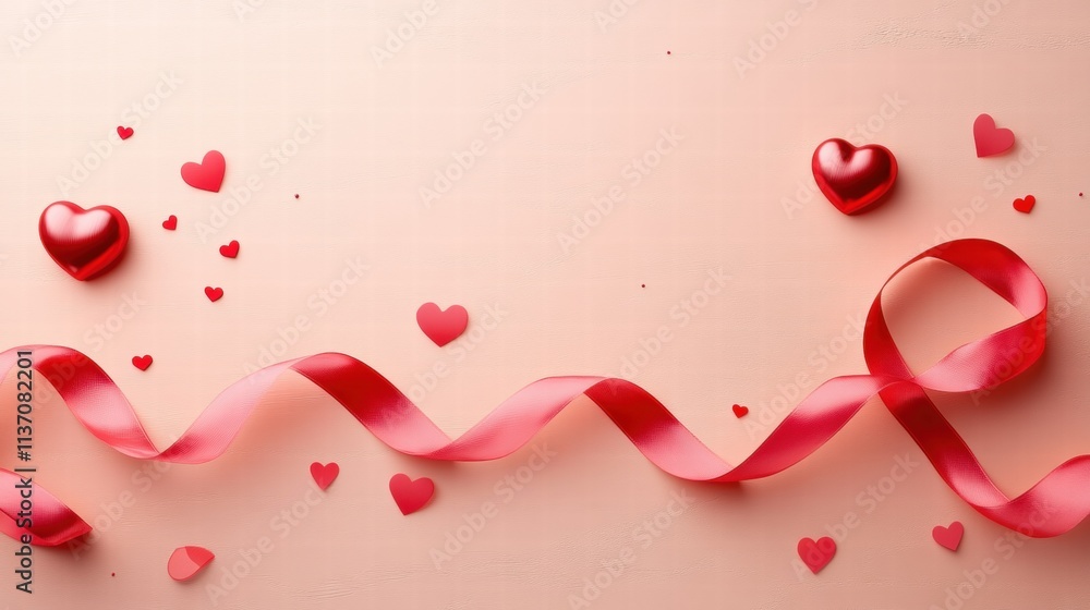 Pink Valentine's Day Background with Red Hearts and Ribbon Pink Valentine's Day Background with Red Hearts and Ribbon