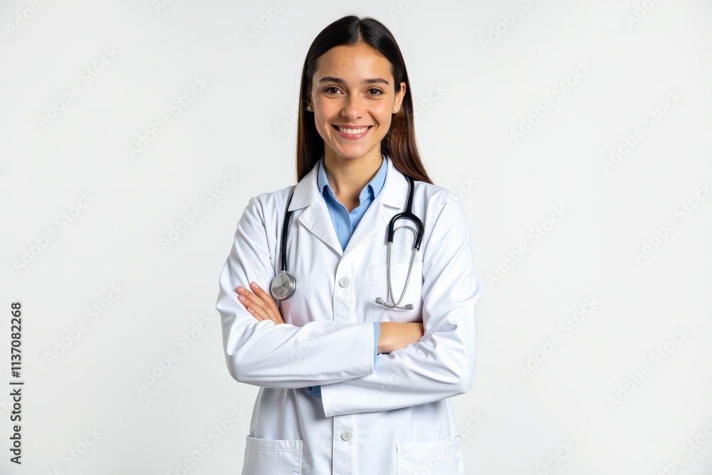 Confident Young Female Doctor Smiling in White Coat with Stethoscope, Perfect for Medical Website or Healthcare Branding Confident Young Female Doctor Smiling in White Coat with Stethoscope, Perfect for Medical Website or Healthcare Branding