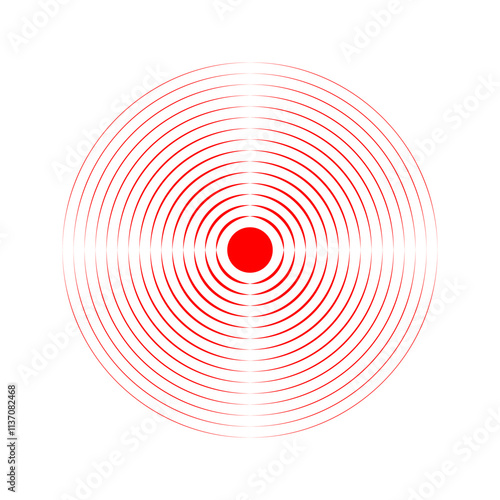 Pain localization icon. Red concentric circles. Ache, sore or inflammation symbol. Pulse or headache sign. Shockwave, radar, sonar wave or sound signal pictogram. Vector flat illustration.