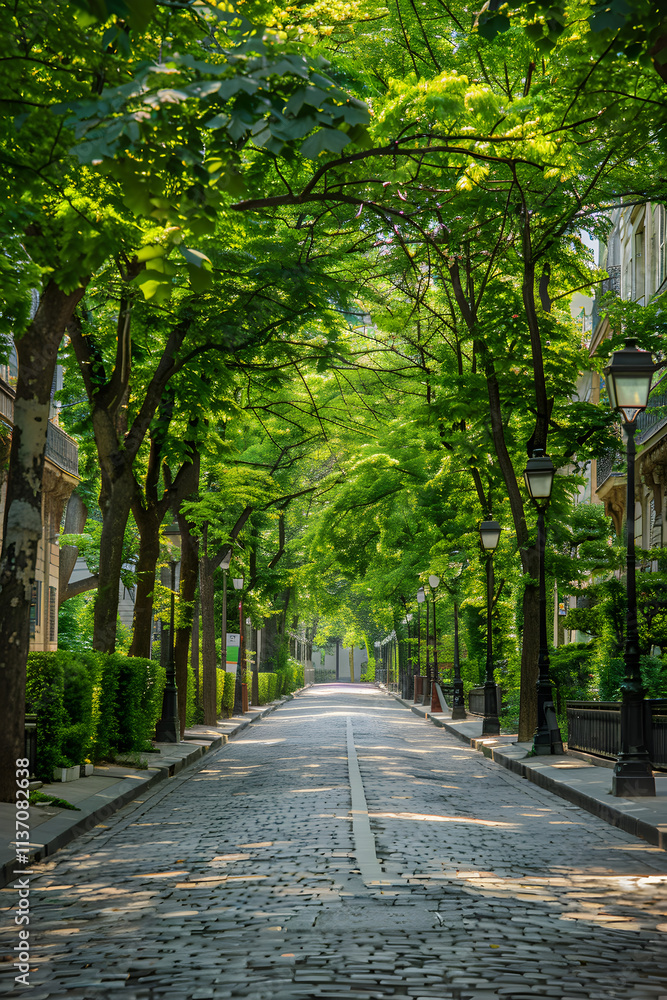 Serene Urban Avenue with Tree Canopy and Cobblestone Road Lined with Historic Architecture Serene Urban Avenue with Tree Canopy and Cobblestone Road Lined with Historic Architecture