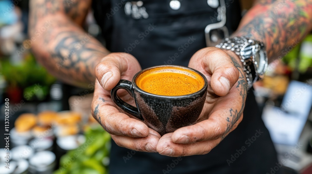 Tattooed Barista Hands Offering Espresso Tattooed Barista Hands Offering Espresso