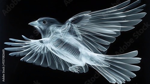 X-ray of a bird in flight, showcasing its skeletal structure and wingspan against a black background.