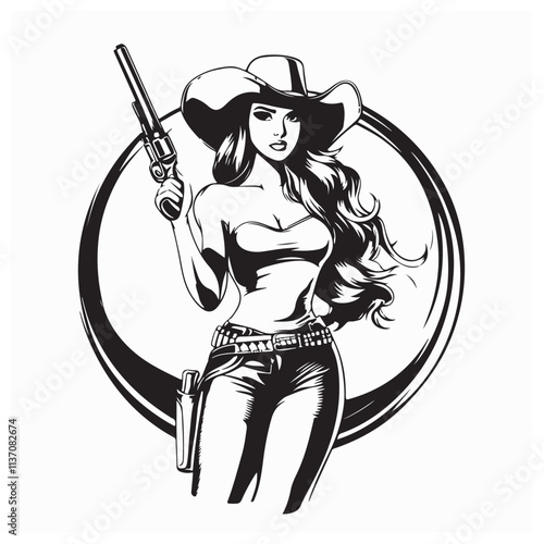 Confident Cowgirl Holding a Weapon in a Strong Pose, Vector Art with Clean White Background