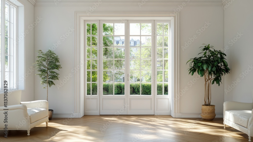 Fototapeta premium Bright room with french doors, sunlight, plants, and white armchairs.