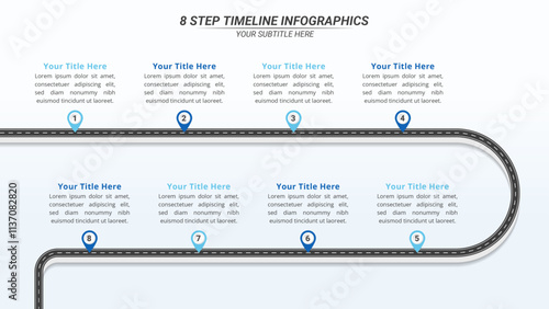 8 Steps Infographic Timeline with Editable Text on a 16:9 Layout for Business Presentation, Poster, Banner and Booklet.