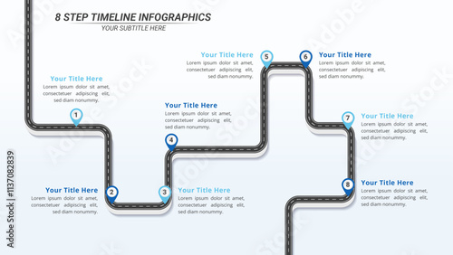 8 Steps Infographic Timeline with Editable Text on a 16:9 Layout for Business Presentation, Poster, Banner and Booklet.