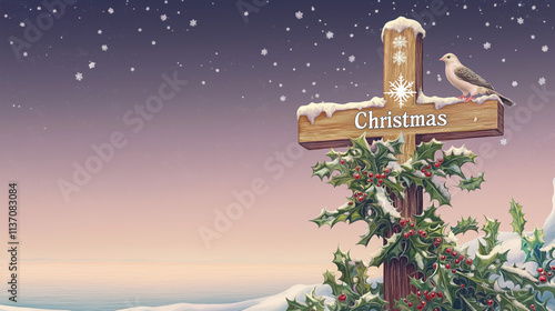 Wooden Cross with Holly and Greenery, Star of Bethlehem Style, Doves, and Snowfall