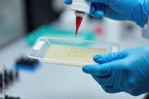 Precision in Action: Lab Technician Using Pipette to Dispense Liquid into Microplate in a Sterile Environment