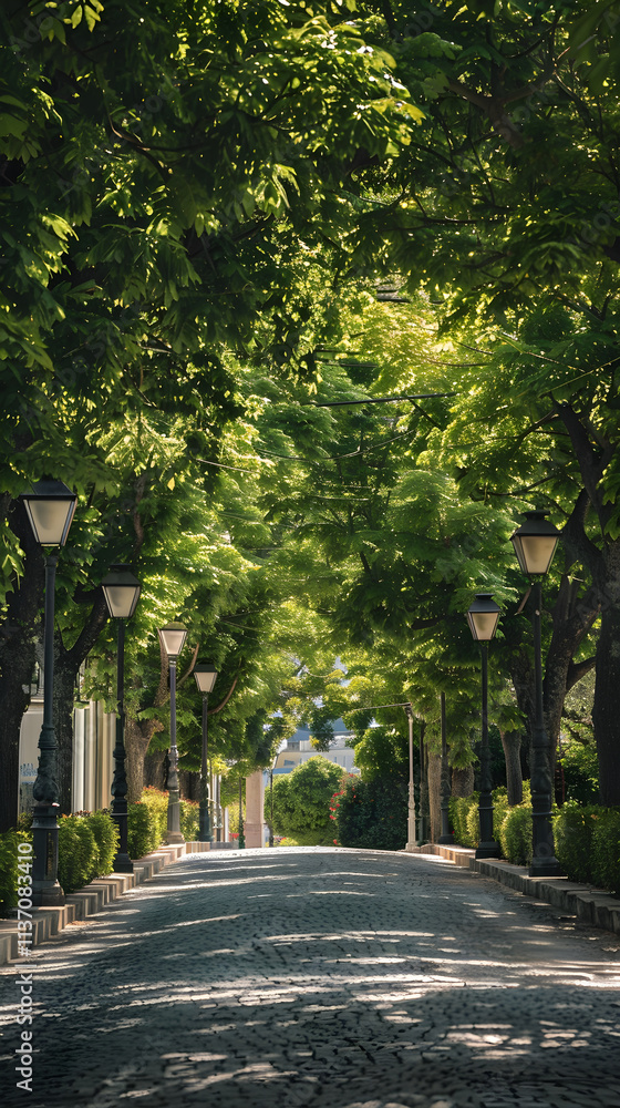 Serene Urban Avenue with Tree Canopy and Cobblestone Road Lined with Historic Architecture Serene Urban Avenue with Tree Canopy and Cobblestone Road Lined with Historic Architecture