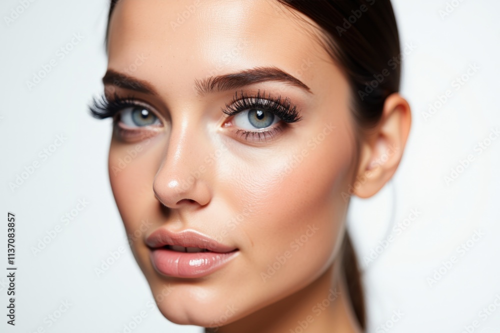 Fototapeta premium Elegant Close-Up Portrait of a Woman with Blue Eyes and Natural Makeup, Perfect for Cosmetic Advertising or Beauty Product Promotion