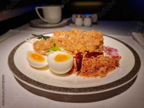 Thai style noodle with boiled eeg in name Khanomjeen namprik photo