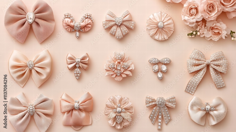 Elegant Rose Gold Bow and Flower Brooches on Peach Background Elegant Rose Gold Bow and Flower Brooches on Peach Background