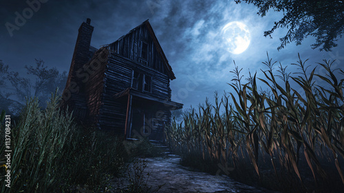 A weathered farmhouse with splintered wooden walls, surrounded by brittle corn stalks and illuminated by the faint glow of the moon.