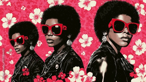 Bold Afro Chic Style with Red Sunglasses and Floral Background