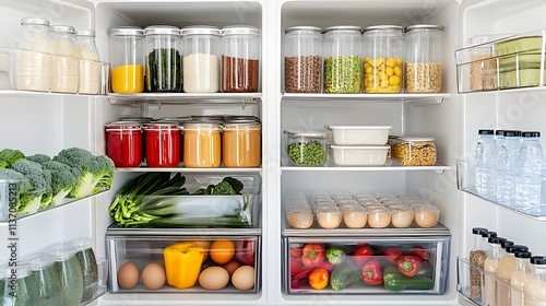 Open Refrigerator with Organized Food Containers.