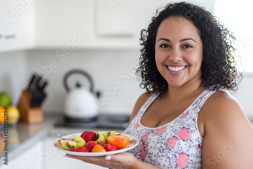 A cheerful woman is joyfully holding a colorful plate of fresh fruits, promoting healthy eating habits and lifestyle choices for effective weight loss and thoughtful meal planning photo