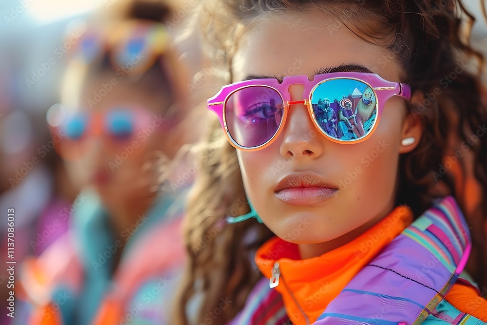 Close-up portrait of a young woman with colorful sunglasses, wearing a vibrant jacket. Close-up portrait of a young woman with colorful sunglasses, wearing a vibrant jacket.