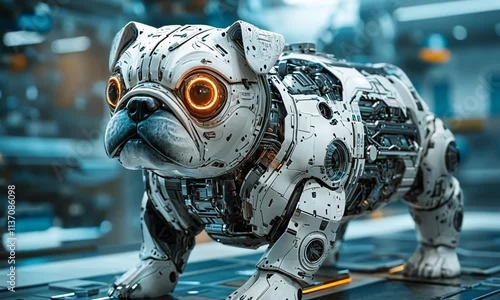 A robotic bulldog with glowing eyes in a futuristic setting. photo