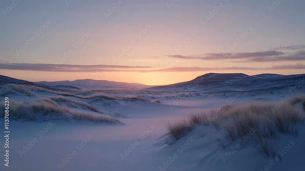 Winter Sunset Over Snow Covered Dunes and Mountains Winter Sunset Over Snow Covered Dunes and Mountains