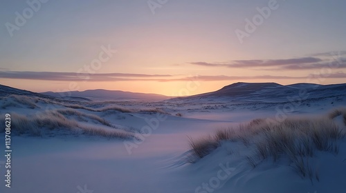 Winter Sunset Over Snow Covered Dunes and Mountains