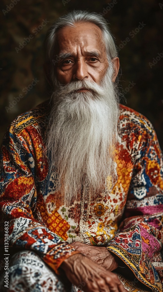 Fototapeta premium Elderly Man with Long White Beard Colorful Clothing Portrait