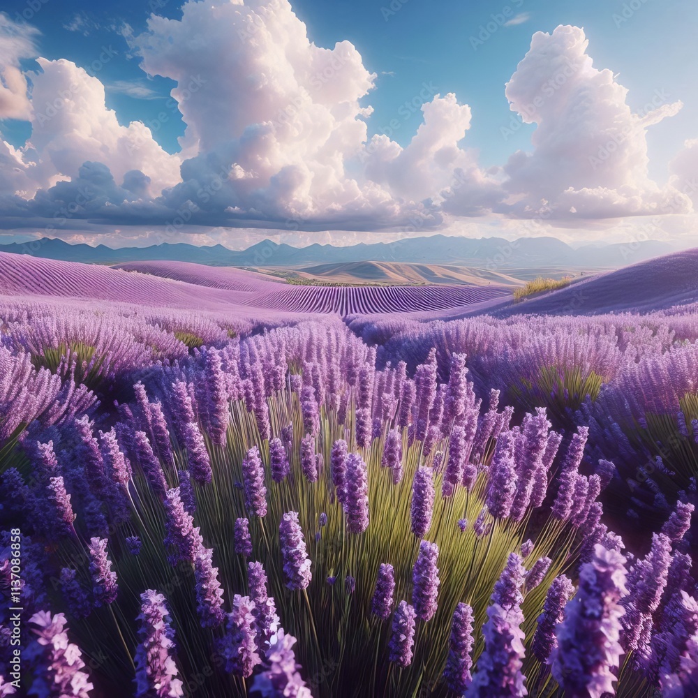 Obraz premium A vibrant lavender field stretches across the landscape under a picturesque summer sky filled with fluffy clouds. The rows of purple flowers add contrast to the soft white clouds, creating a visually
