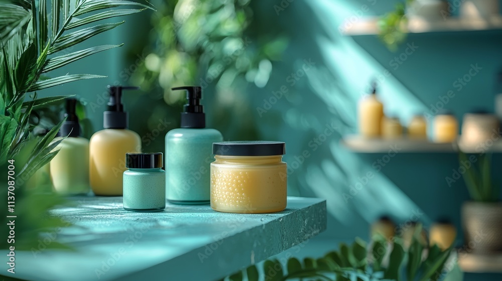 Natural skincare products with lush greenery Natural skincare products with lush greenery