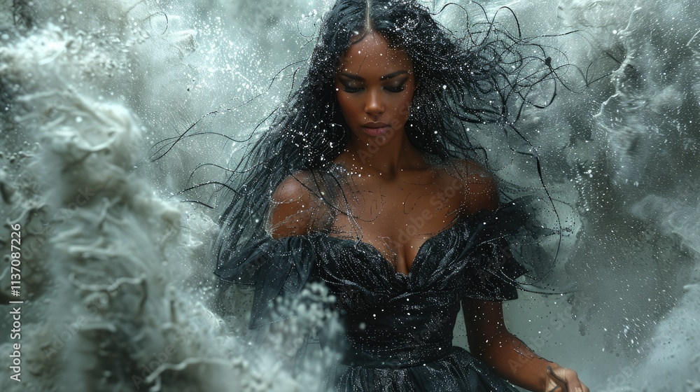 Obraz premium A woman in a dramatic black dress stands amidst swirling water and mist.