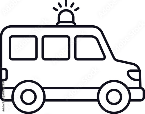 Ambulance or police van with flashing roof light, black and white line icon. Simple cartoon style. Vector clip art illustration.