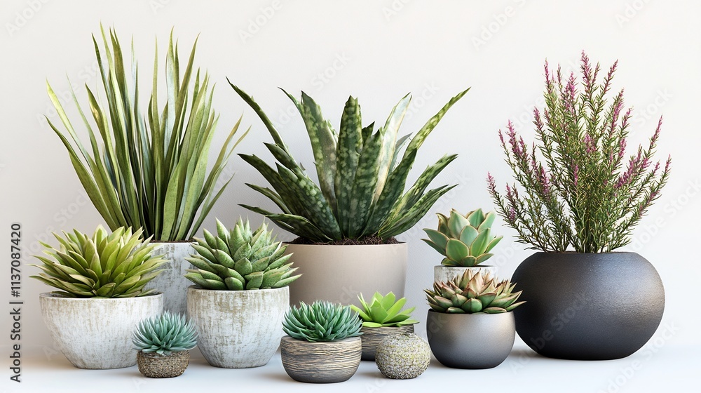 Collection of potted succulents and plants, a serene indoor garden arrangement showcasing various textures and colors, creating a calming and natural atmosphere. Collection of potted succulents and plants, a serene indoor garden arrangement showcasing various textures and colors, creating a calming and natural atmosphere.