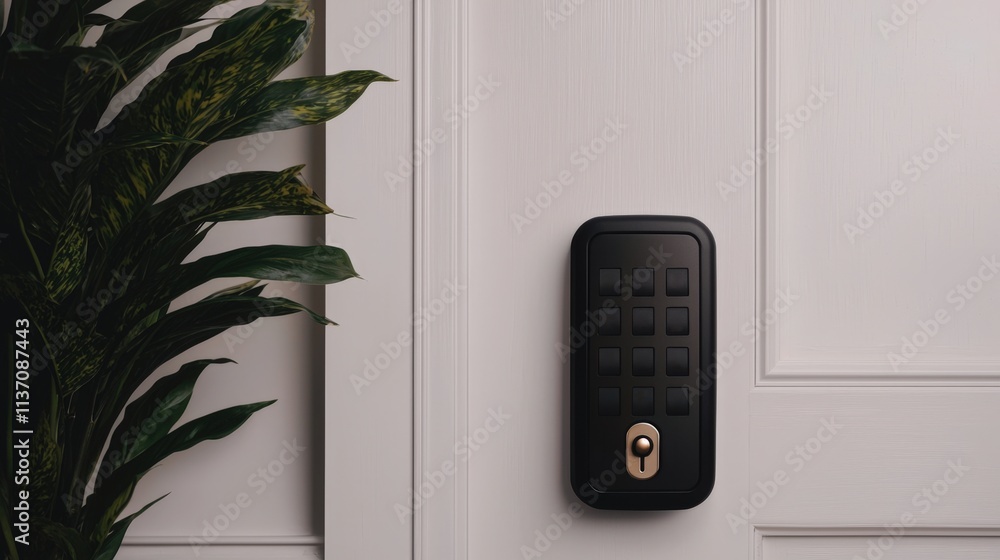 Digital lock and security efficiency, A sleek black keypad lock mounted on a door, complemented by a vibrant green plant in the background. Digital lock and security efficiency, A sleek black keypad lock mounted on a door, complemented by a vibrant green plant in the background.