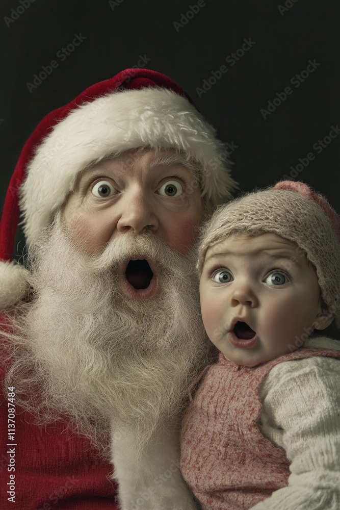 Festive season advertising visual idea picture for print ad and social media use. Cheerful christmas, Ñute baby girl startled with santa claus. Holiday snowflakes ads. Xmas sale banners. Festive season advertising visual idea picture for print ad and social media use. Cheerful christmas, Ñute baby girl startled with santa claus. Holiday snowflakes ads. Xmas sale banners.