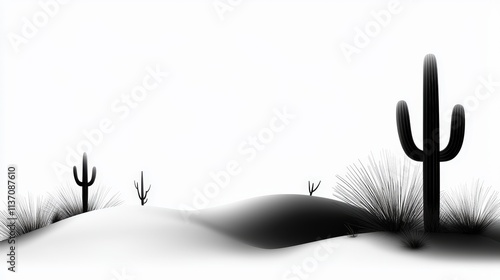 High-contrast desert silhouette showing bold outlines of cacti and sand dunes in black on white photo