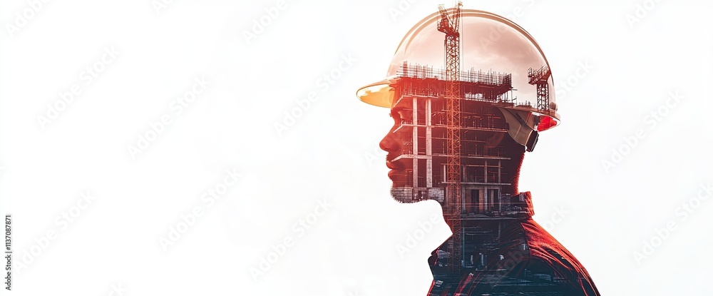 An image of an engineer or architect wearing a protective yellow helmet. The image is presented in a modern style. An image of an engineer or architect wearing a protective yellow helmet. The image is presented in a modern style.