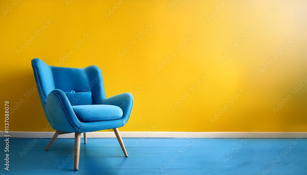 Stylish blue armchair positioned in a bright yellow room exuding modern aesthetics and cheerful vibes. Generative AI Stylish blue armchair positioned in a bright yellow room exuding modern aesthetics and cheerful vibes. Generative AI